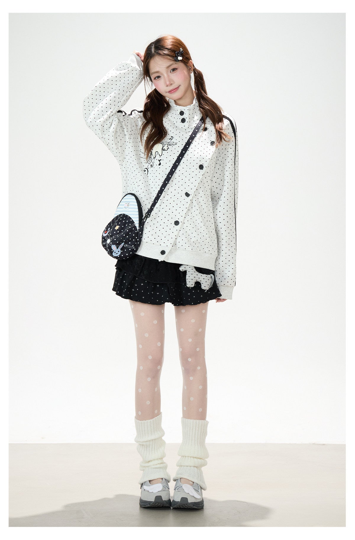 Polka-Dot Stripe Asymmetric Button Jacket & Black Tiered Mini Skirt