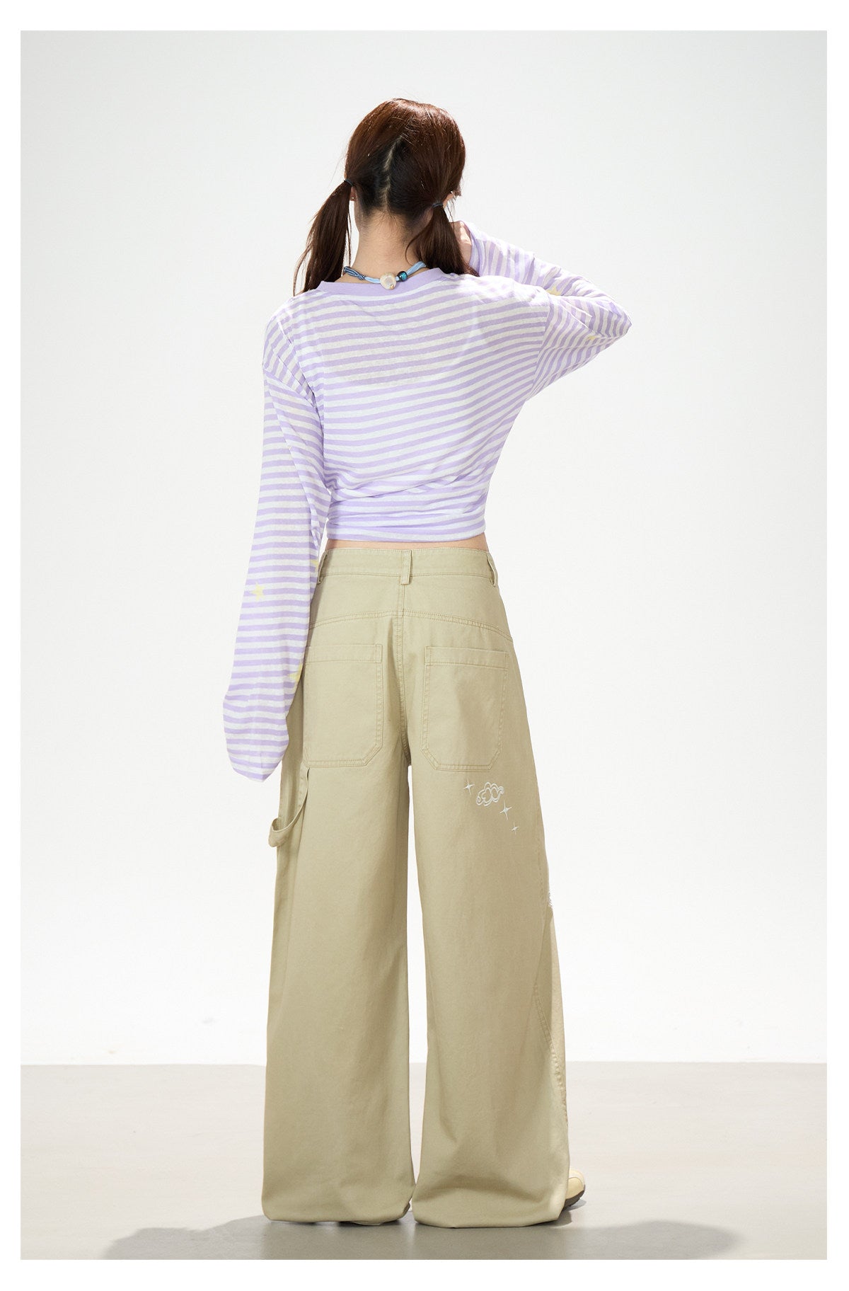 Pastel Stripe Cartoon Drawstring Long Sleeve Top & Khaki Wide-Leg Pants