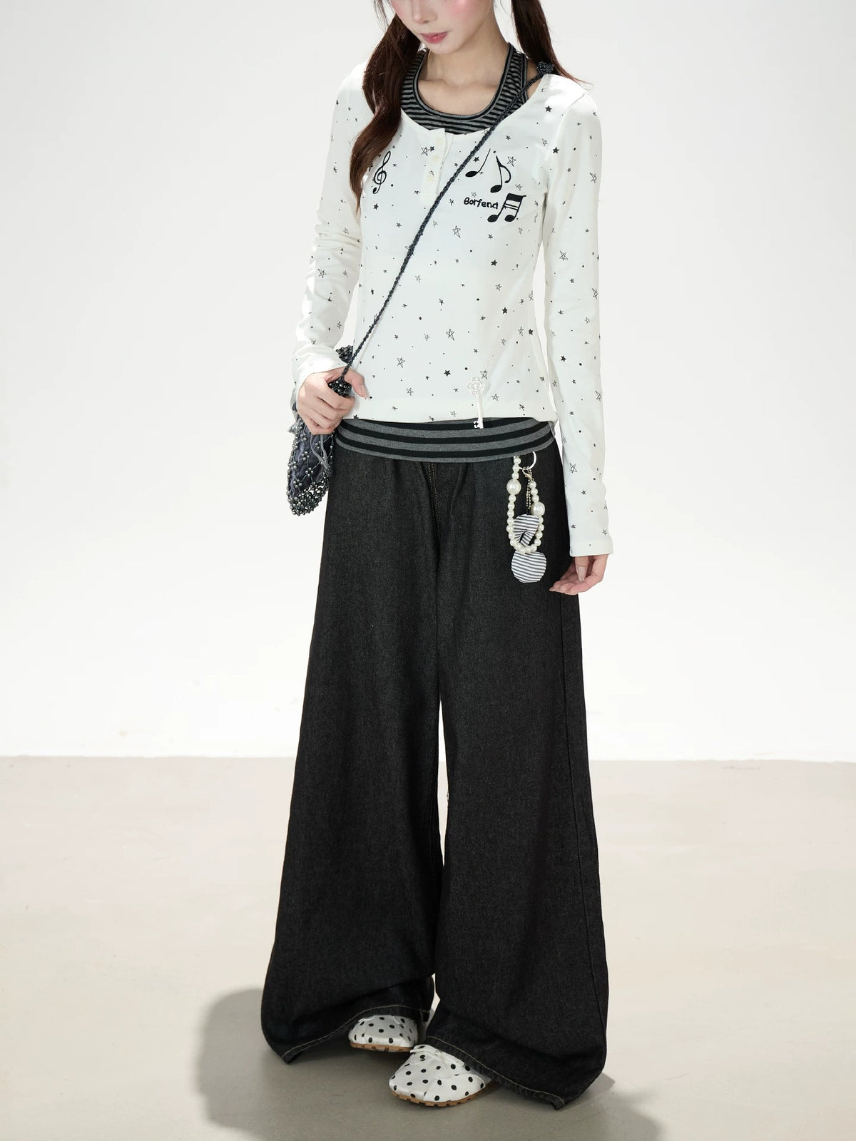 Star Music Note Halter Layered Long Sleeve Top & Black Wide-Leg Pants