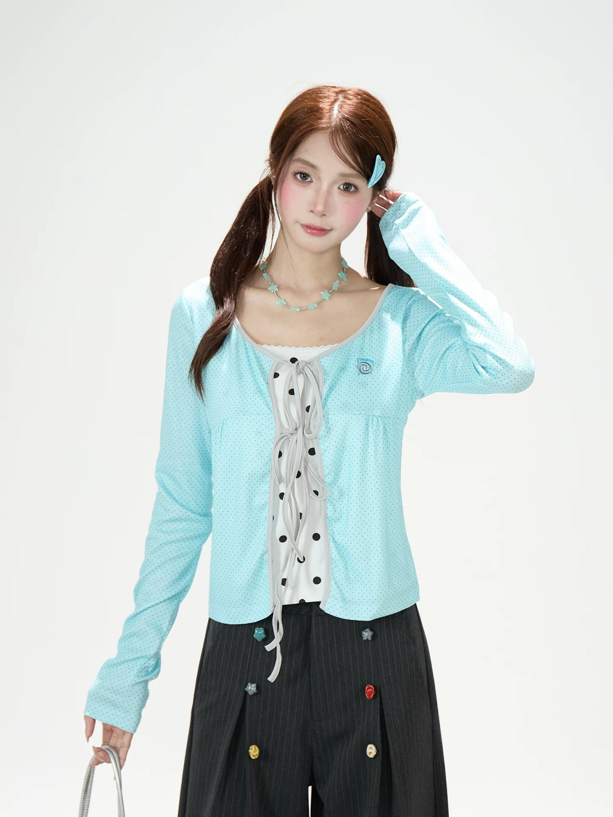 Polka-Dot Tie-Front Layered Long Sleeve Top & Pinstripe Button Wide-Leg Pants