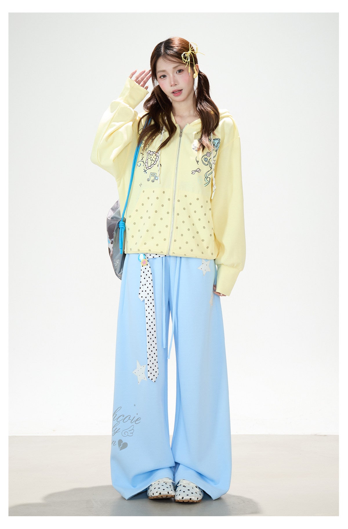 Bow Music Note Polka-Dot Zip-Up Hoodie & Blue Star Wide-Leg Pants