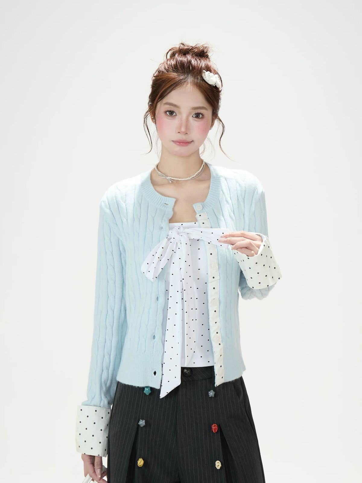 Polka-Dot Bow Knit Cardigan & Black Pinstripe Wide-Leg Pants