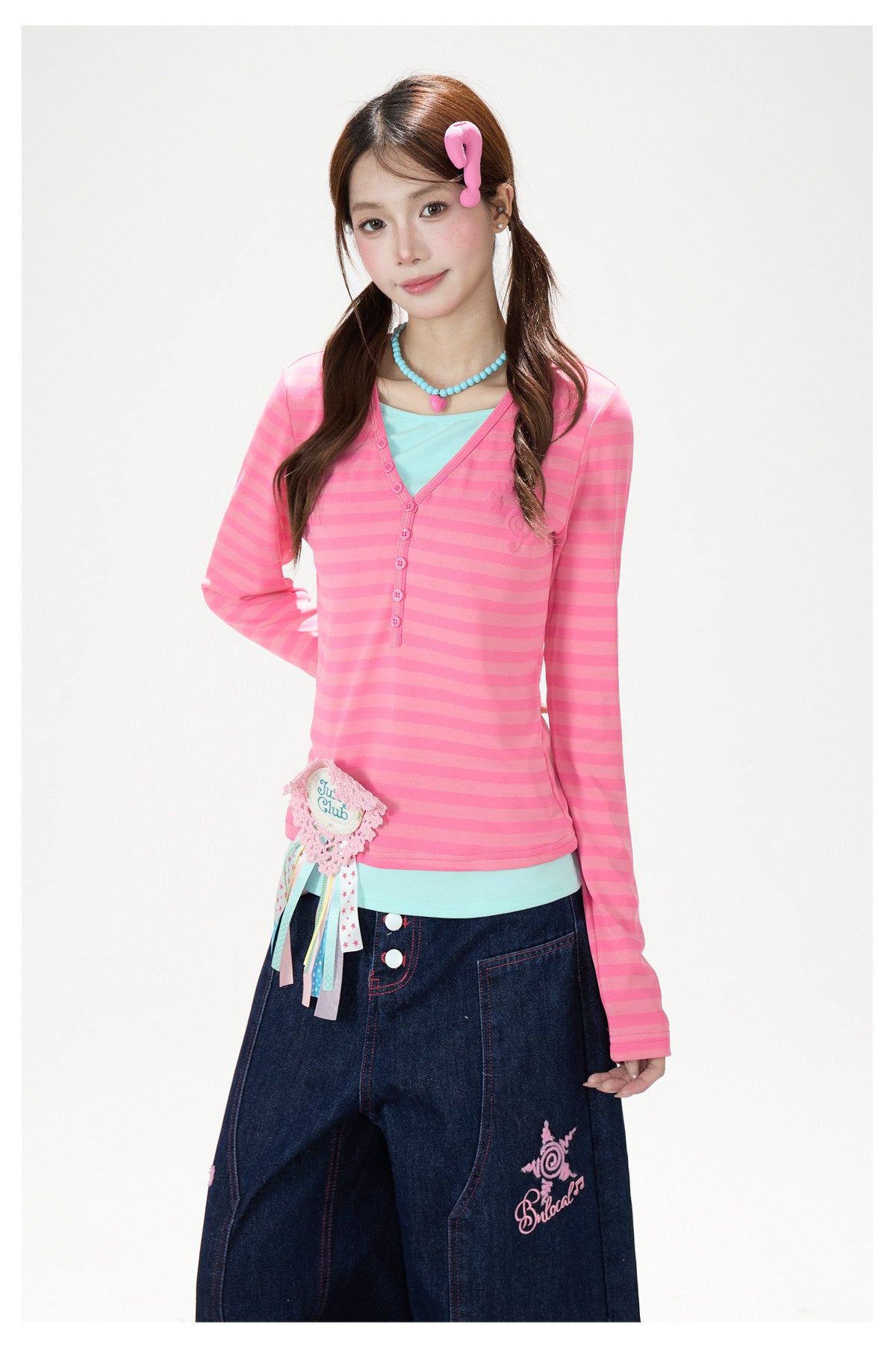 Pink Stripe Layered Long Sleeve Top & Music Note Star Embroidered Wide-Leg Jeans