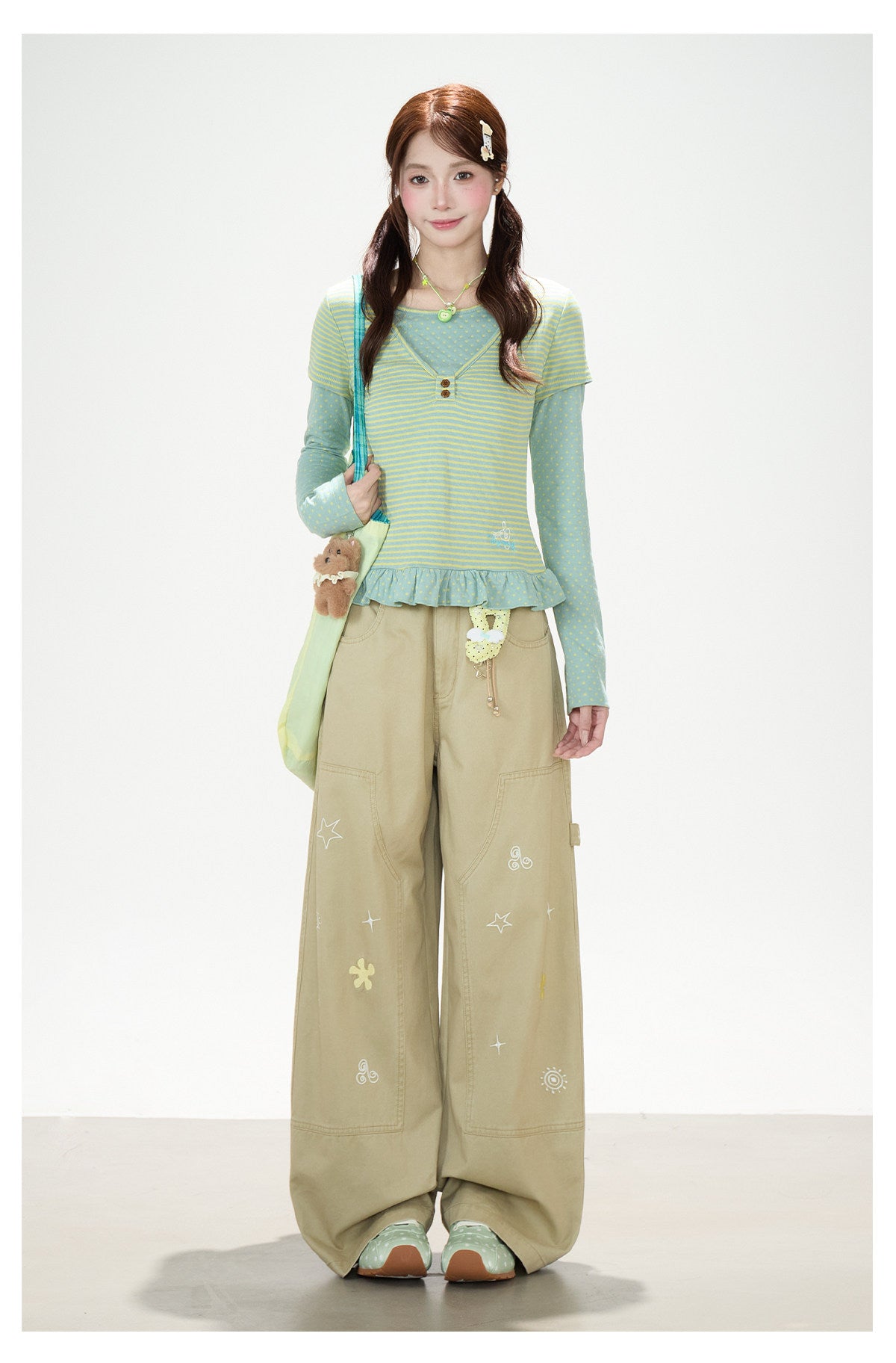 Polka-Dot Stripe Layered Long Sleeve Top & Embroidered Khaki Wide-Leg Cargo Pants