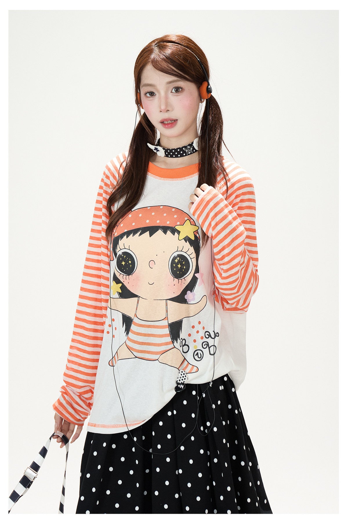 Cartoon Girl Stripe Raglan Long Sleeve Top & Black Polka-Dot Ruffle Skirt