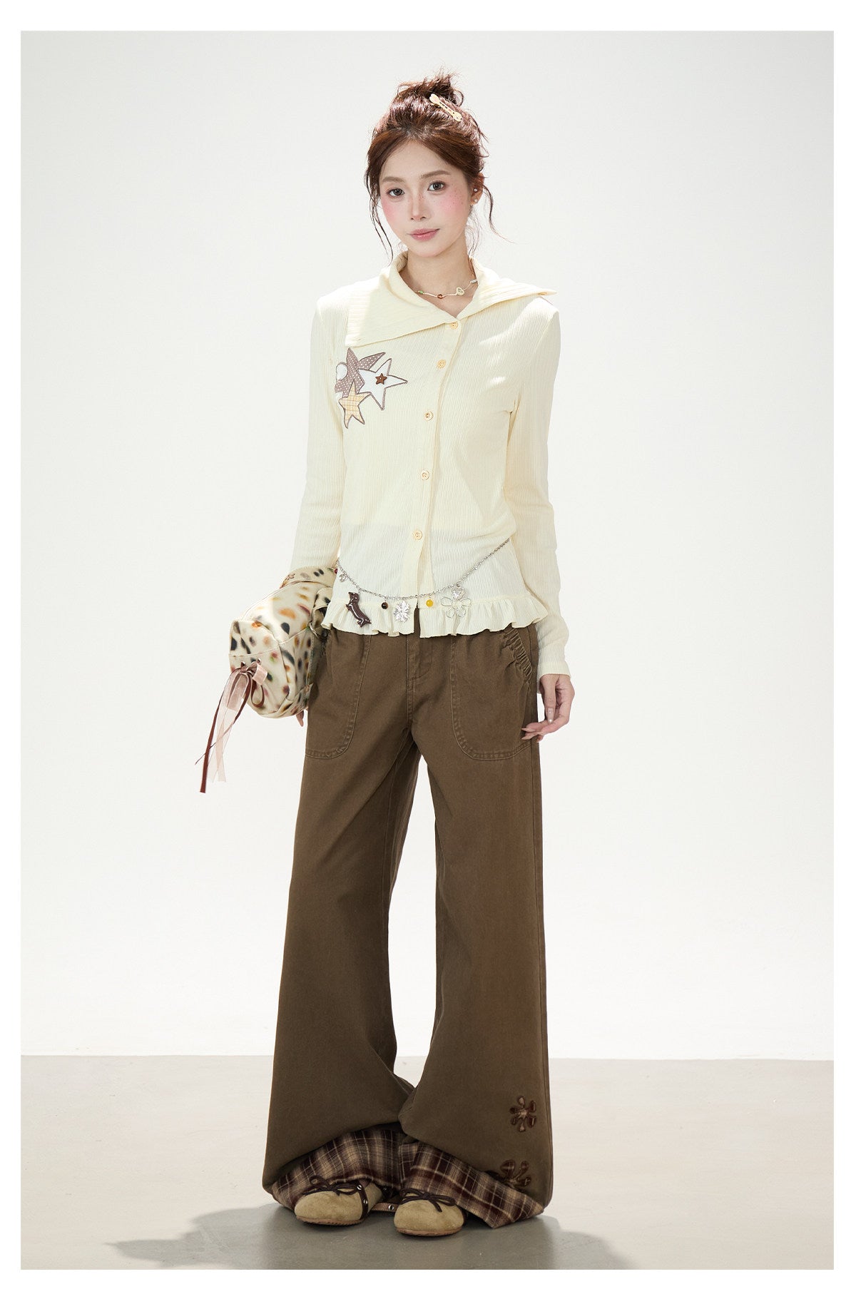 Star Patch Ruffle-Hem Collared Cardigan & Brown Plaid-Cuff Wide-Leg Pants
