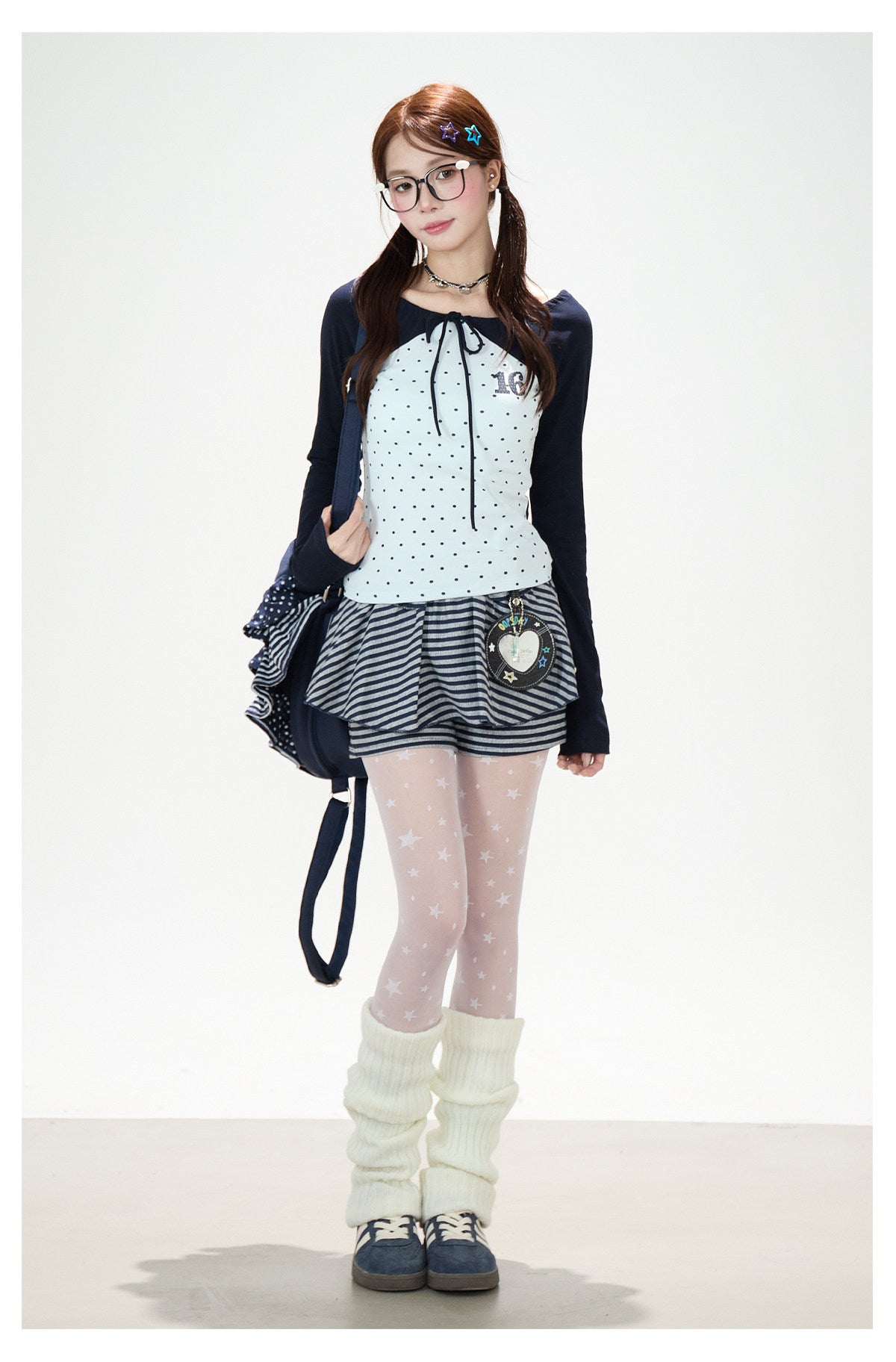 Polka-Dot Tie-Front Off-Shoulder Long Sleeve Top & Royal Blue Stripe Ruffle Mini Skirt