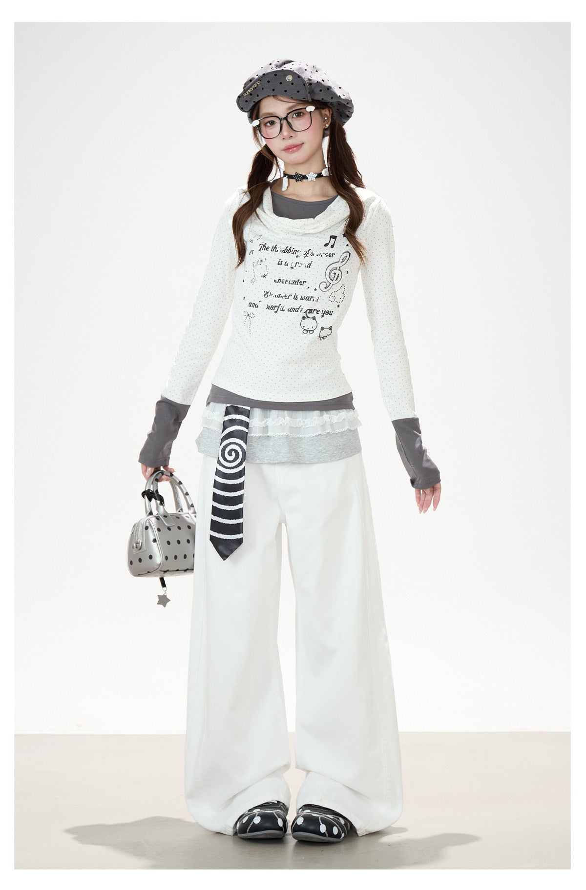 Music Note Cat Polka-Dot Layered Long Sleeve Top & White Wide-Leg Pants