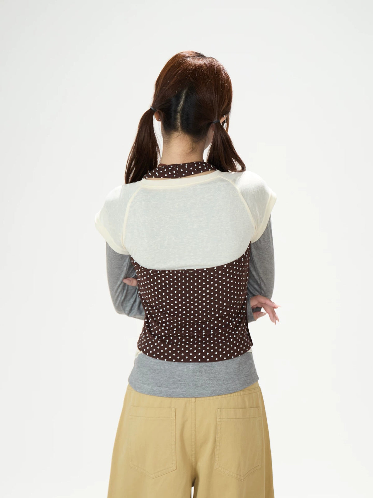 Coffee Polka-Dot Layered Long Sleeve Top