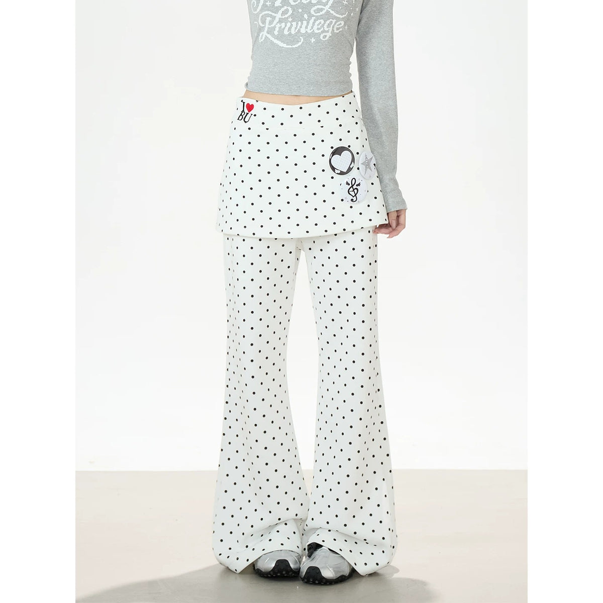Polka-Dot Skirt-Layer Flared Sweatpants