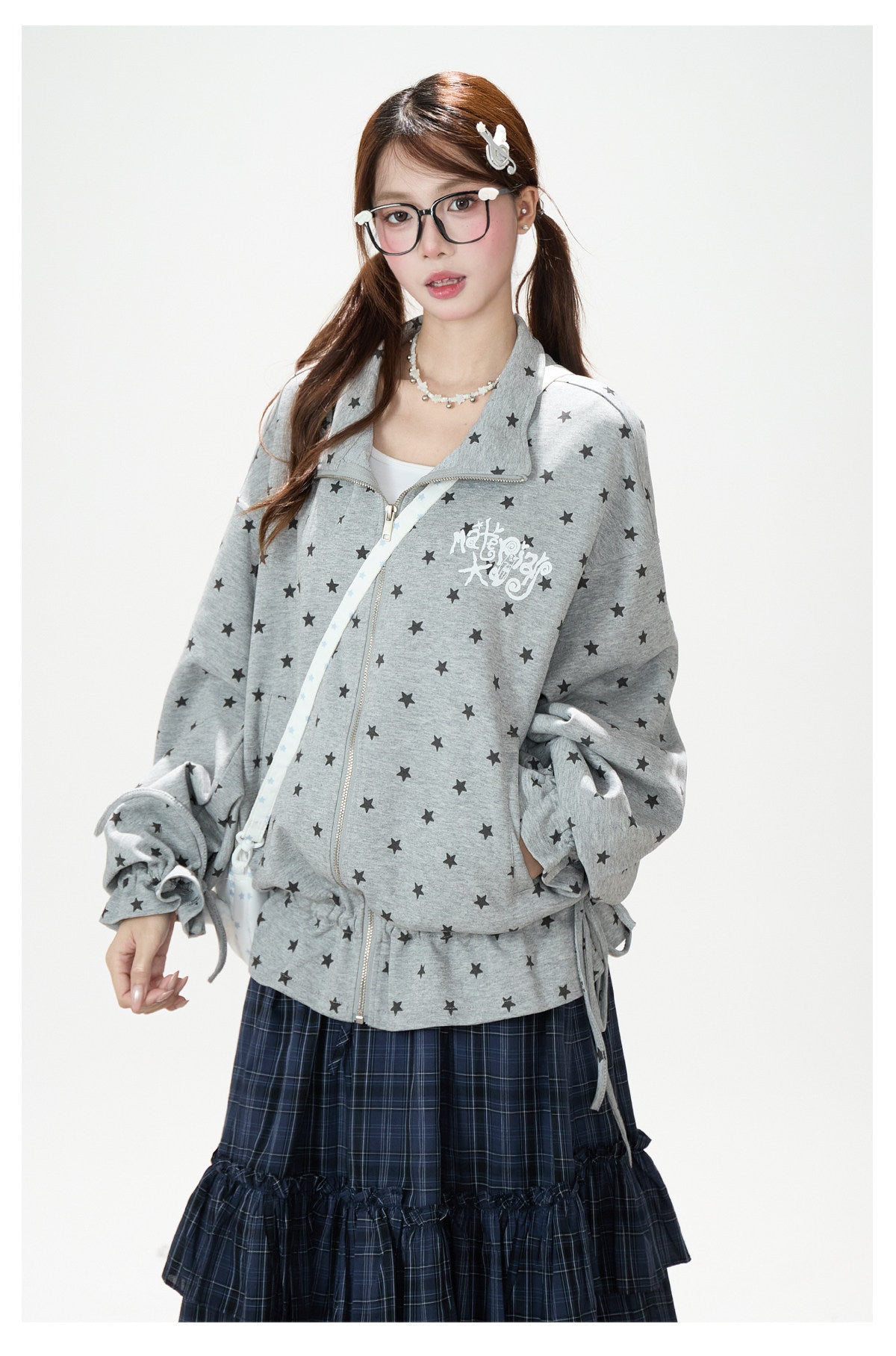 Allover Star Zip-Up Sweatshirt Jacket & Blue Plaid Tiered Midi Skirt