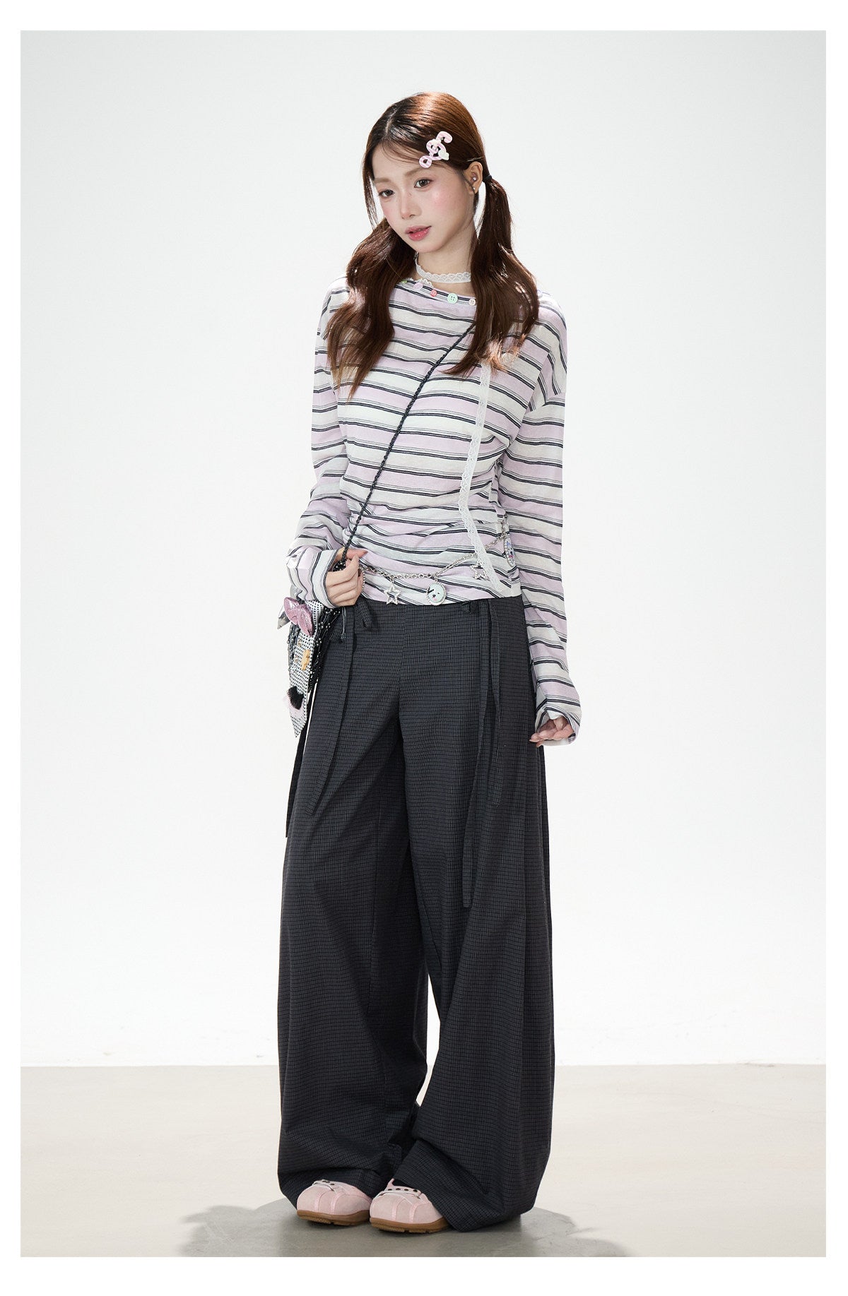 Striped Off-Shoulder Long Sleeve Top & Polka-Dot Midi Skirt