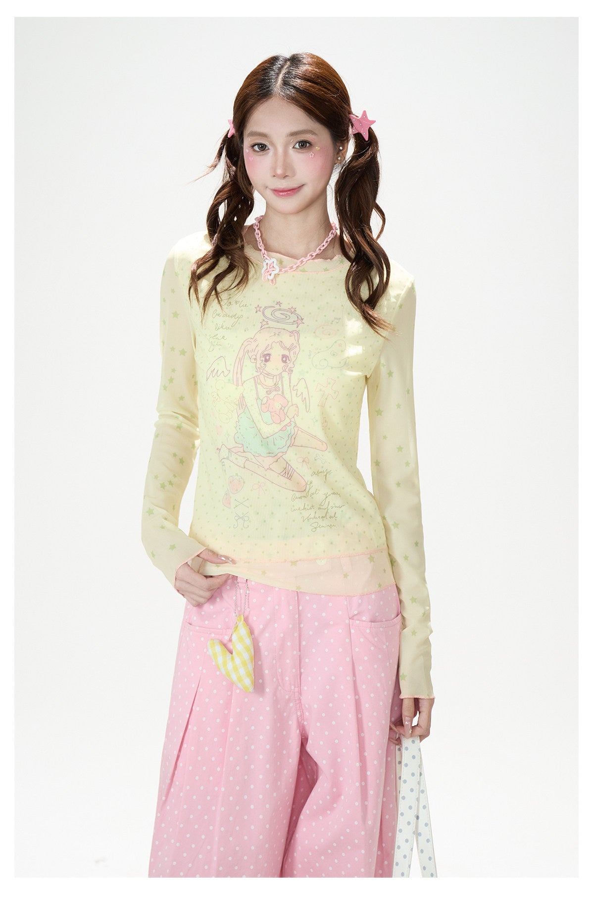 Anime Star Polka-Dot Mesh Long Sleeve Top & Bunny Graphic Wide-Leg Jeans