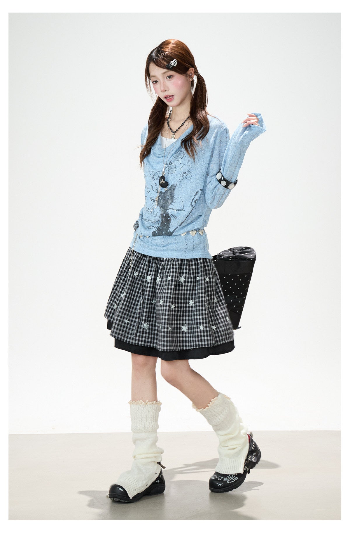 Cartoon Graffiti Cowl-Neck Long Sleeve Top & Black Plaid Lace Mini Skirt