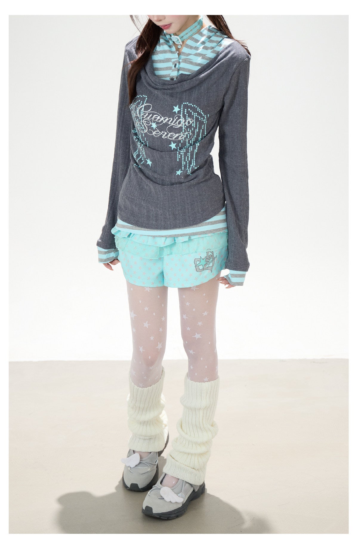 Angel Wing Graphic Hooded Stripe Layered Long Sleeve Top