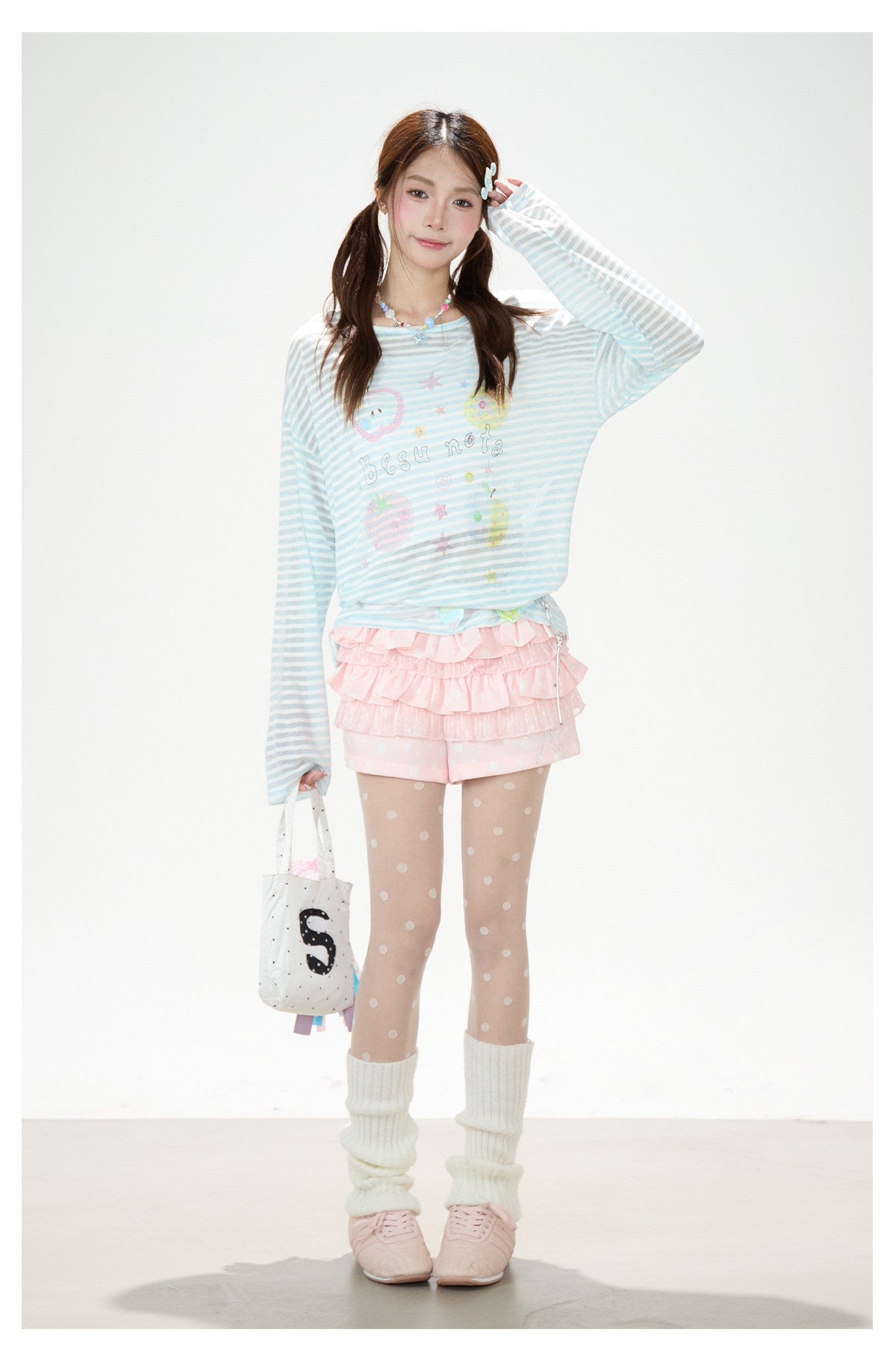 Playful Stripe Graphic Sheer Long Sleeve Top & Pink Wide-Leg Pants