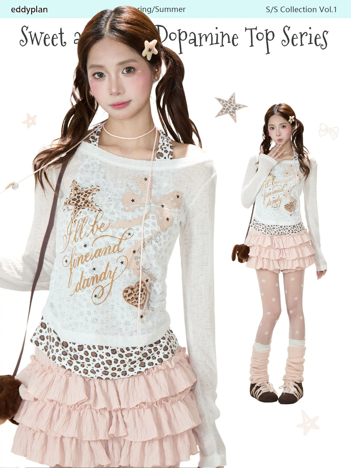 Leopard Layered Halter Long Sleeve Top & Pink Tiered Ruffle Mini Skirt