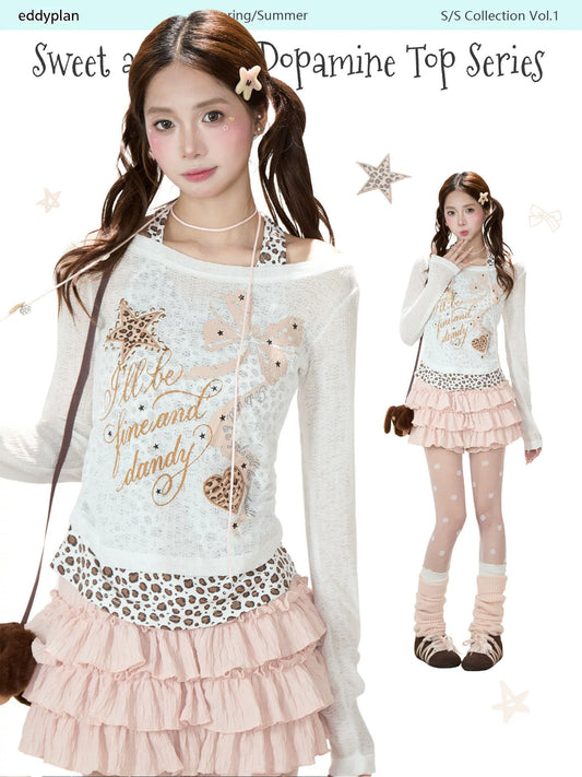 Leopard Layered Halter Long Sleeve Top & Pink Tiered Ruffle Mini Skirt