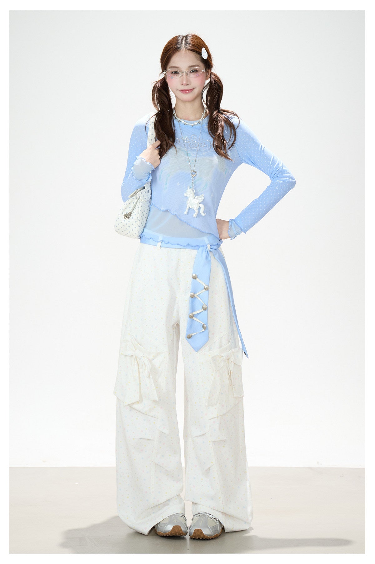 Pastel Star Bow Wide-Leg Cargo Pants