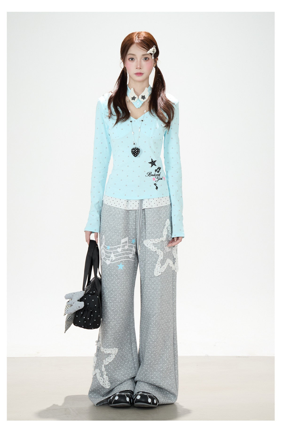 Polka-Dot V-Neck Long Sleeve Top & Lace Star Wide-Leg Pants
