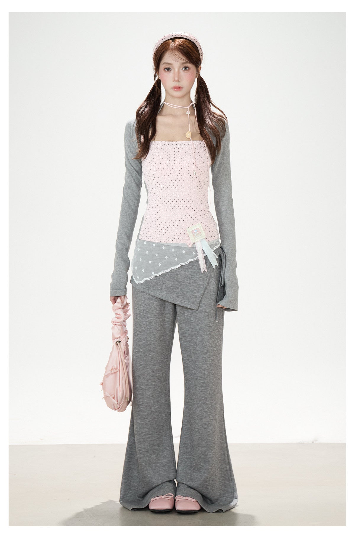 Polka-Dot Layered Cami Long Sleeve Top & Gray Ruffle Shorts