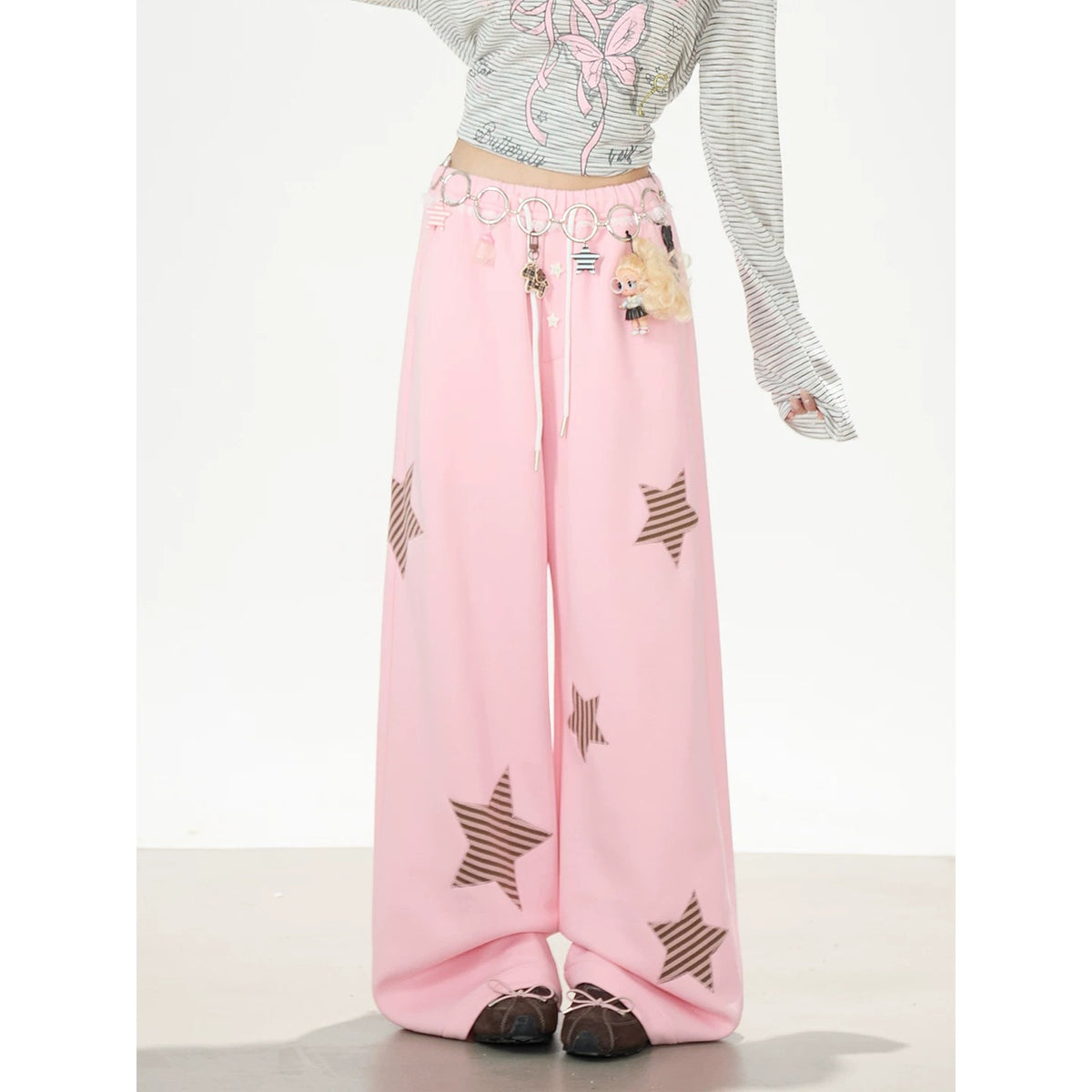 Bow Stripe Off-Shoulder Long Sleeve Top & Pink Wide-Leg Pants