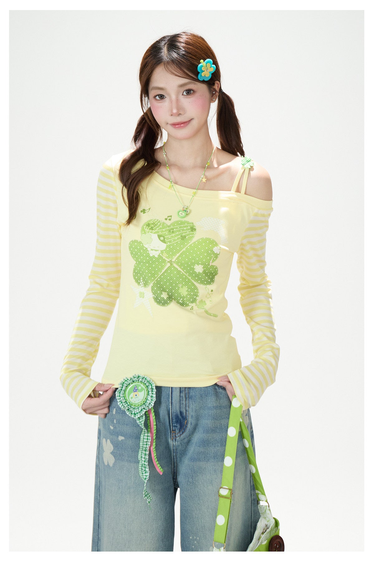 Clover Stripe Off-Shoulder Long Sleeve Top & Star Music Note Wide-Leg Jeans