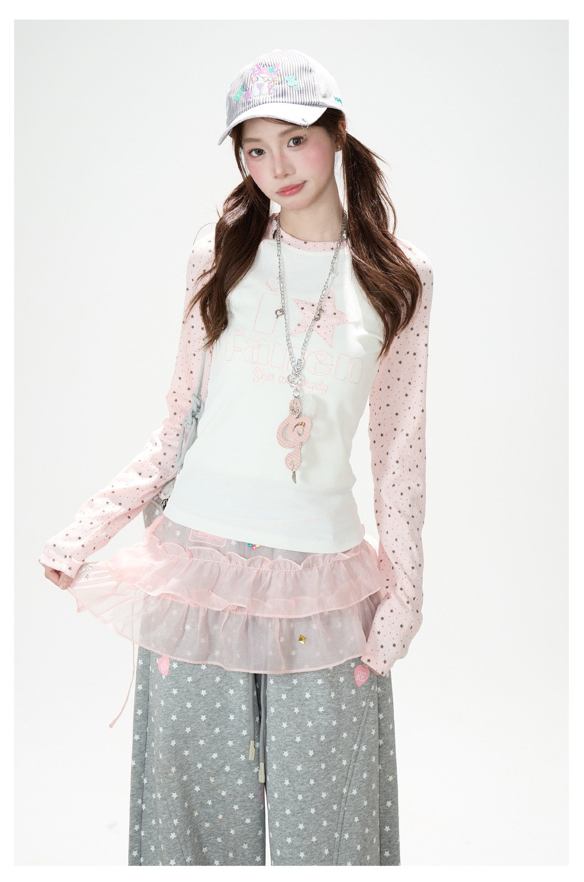 Pink Star Raglan Long Sleeve Top & Gray Heart Star Wide-Leg Pants