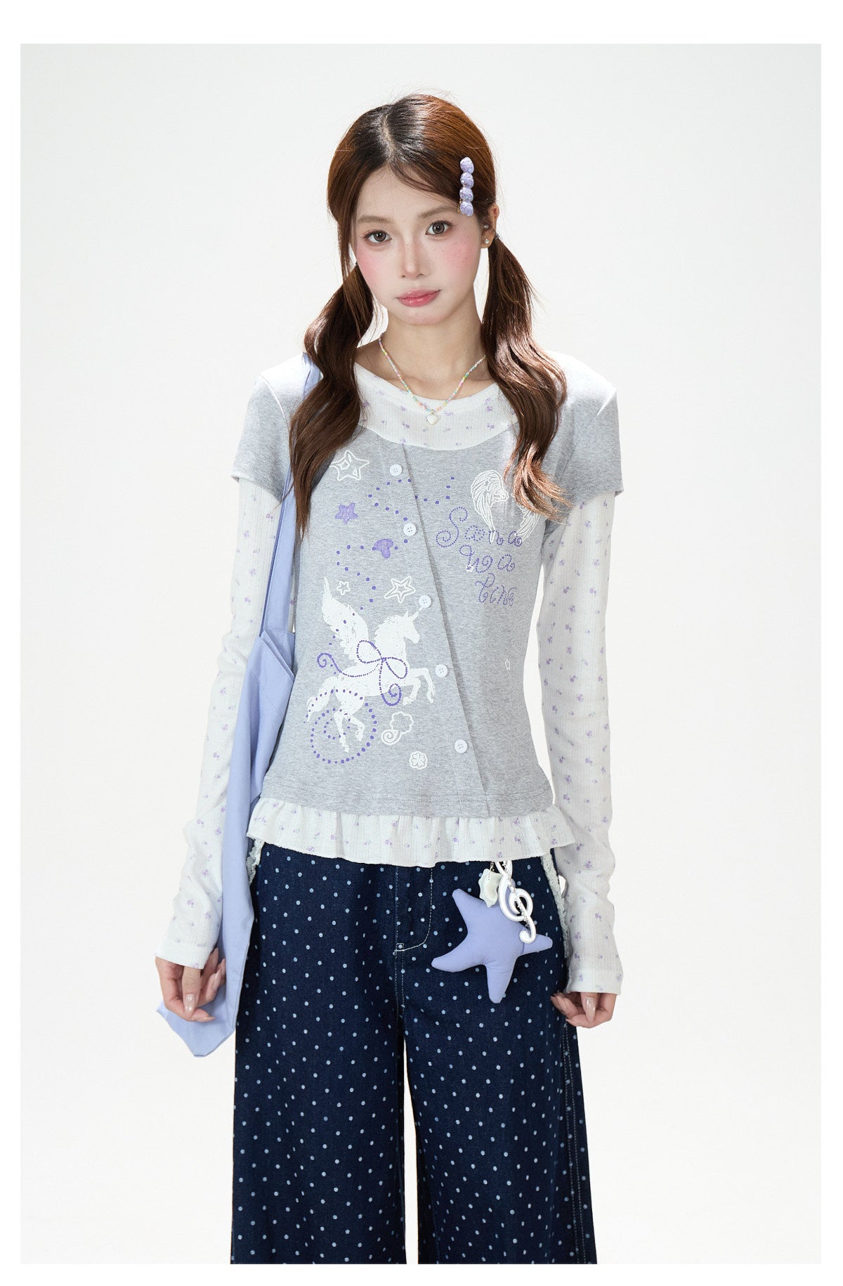Floral Layered Long Sleeve Top & Navy Polka-Dot Wide-Leg Pants