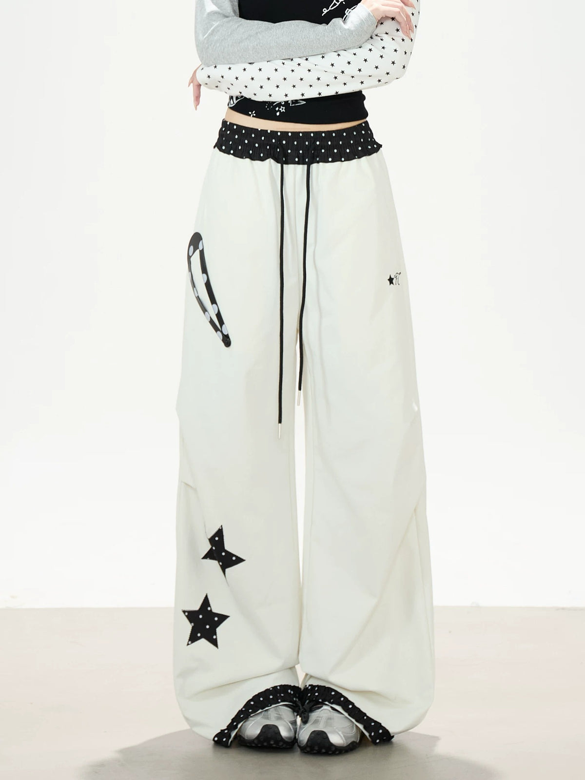 Star Polka-Dot Patchwork Wide-Leg Cargo Pants
