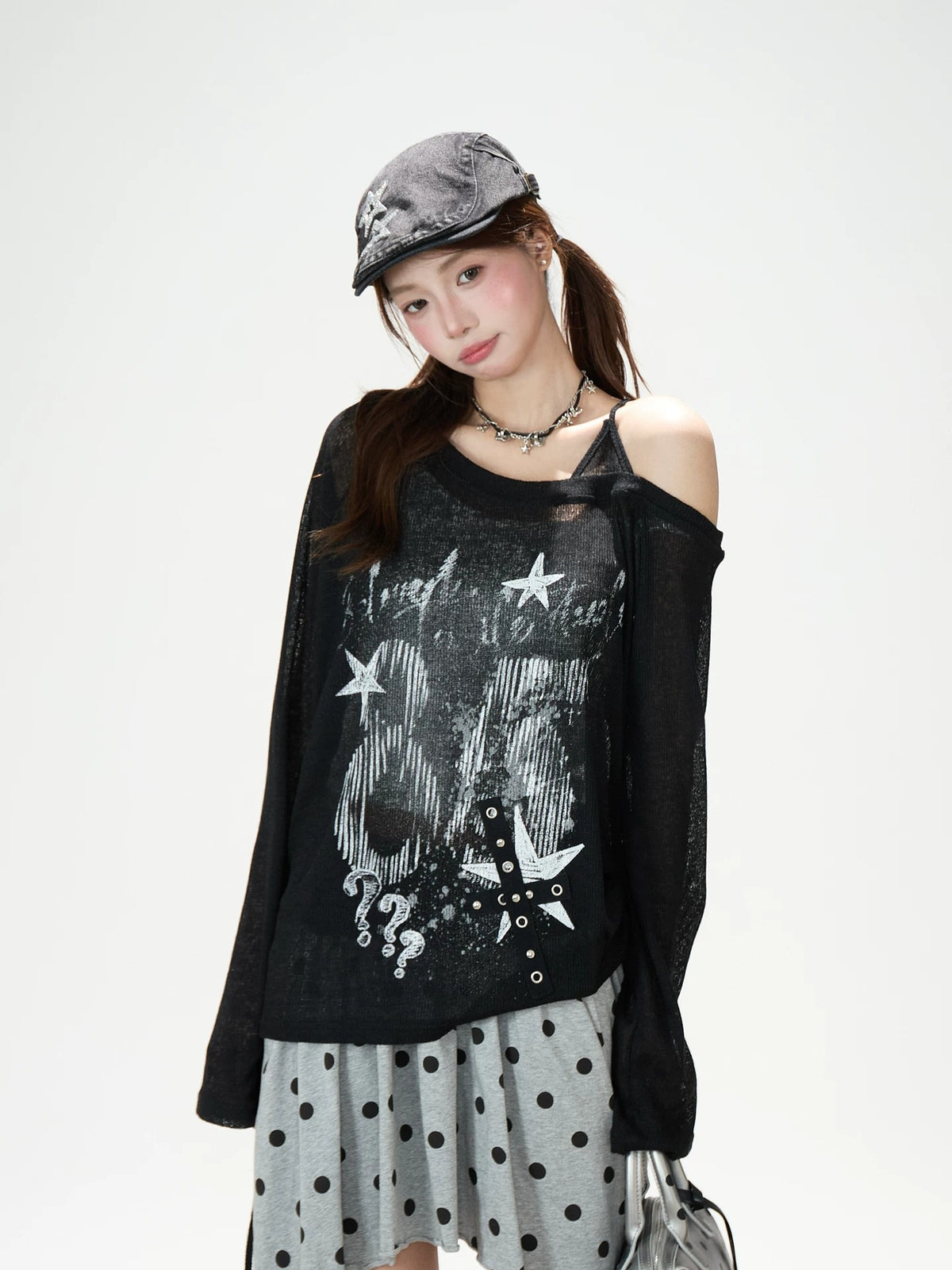 Dark Graffiti Off-Shoulder Long Sleeve Top & Asymmetric Polka-Dot Mini Skirt
