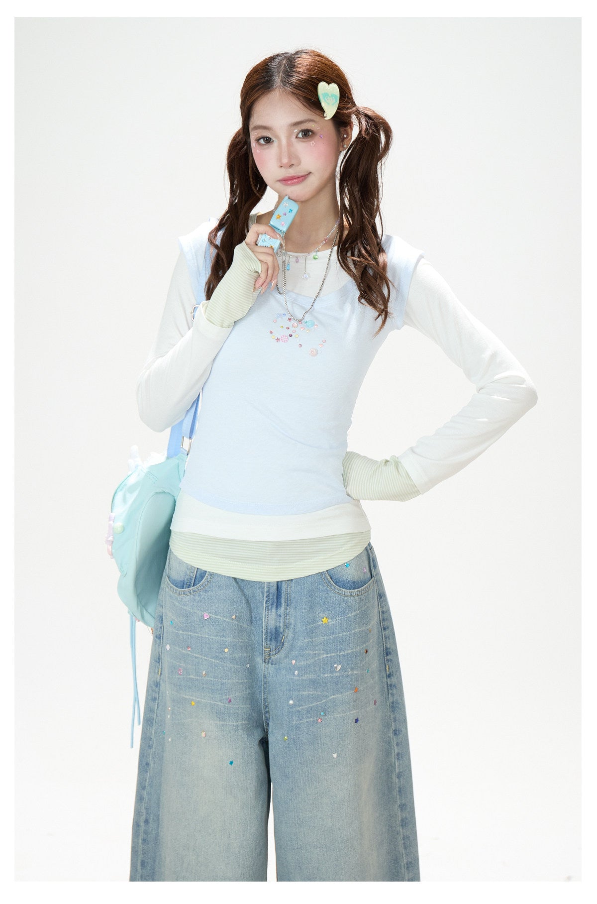 Layered Contrast Long Sleeve Top & Washed Wide-Leg Jeans