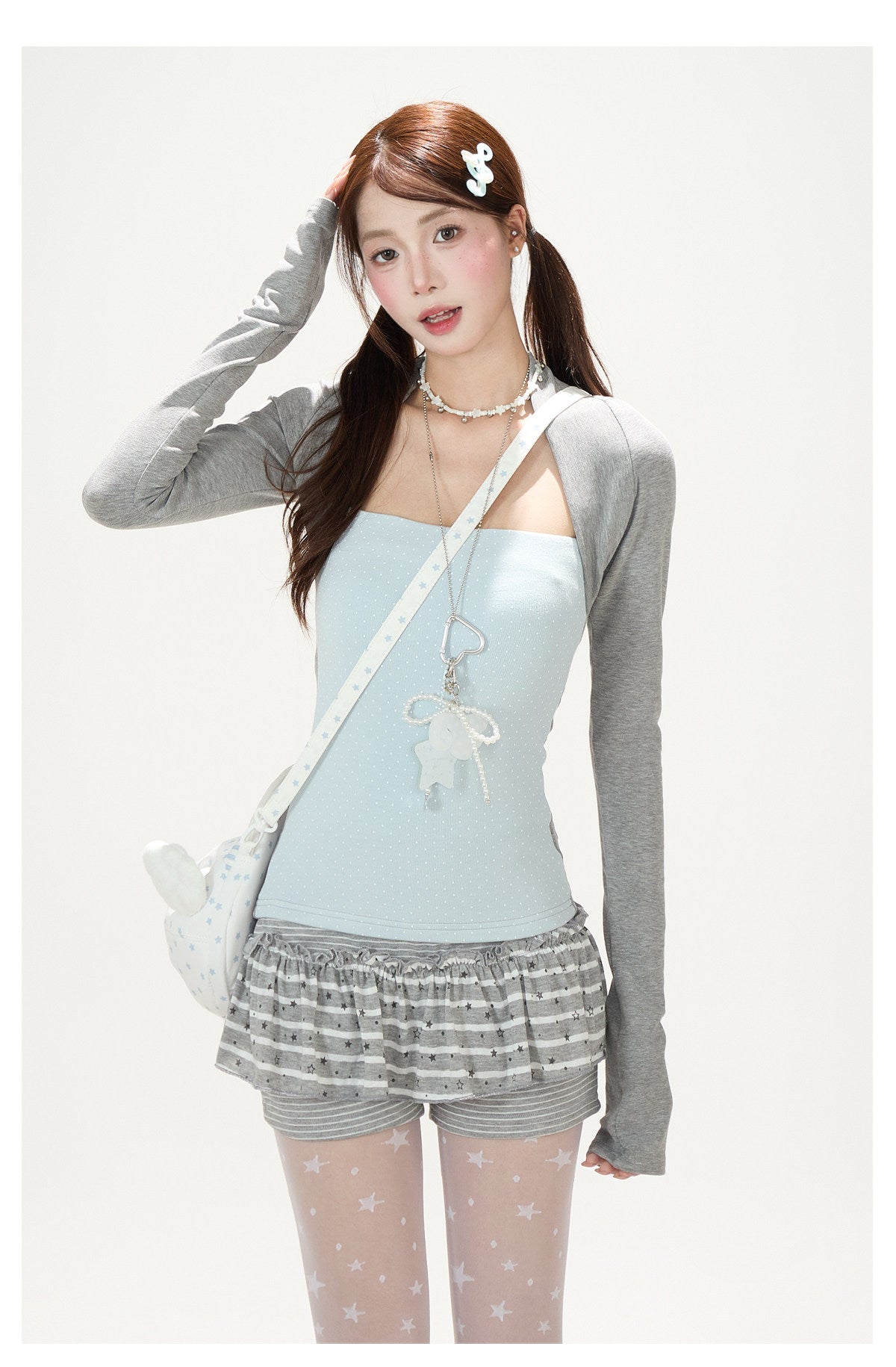 Polka-Dot Layered Cami Long Sleeve Top & Gray Flared Pants