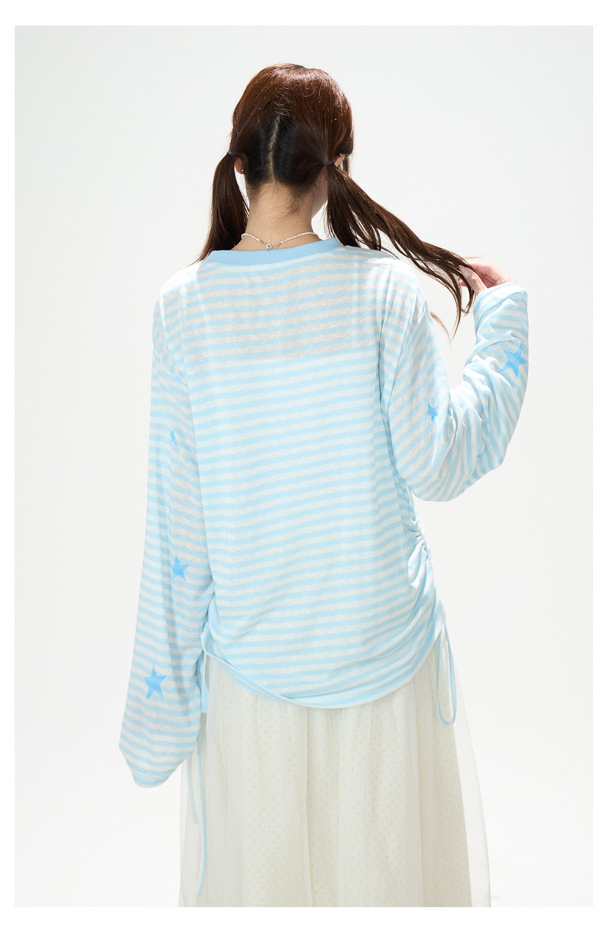 Pastel Stripe Cartoon Drawstring Long Sleeve Top & Khaki Wide-Leg Pants