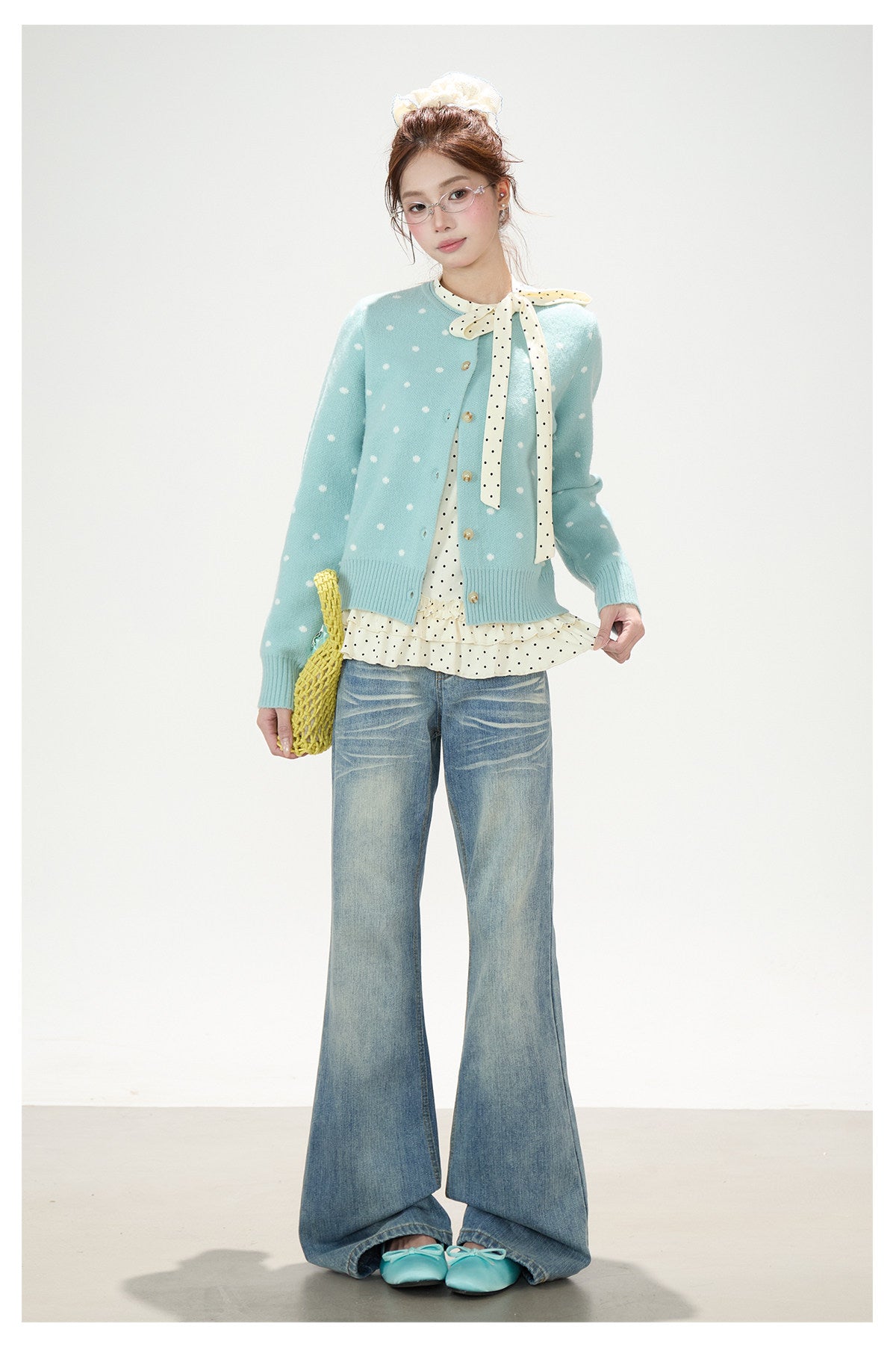 Polka-Dot Jacquard Knit Cardigan & Washed Flare Jeans