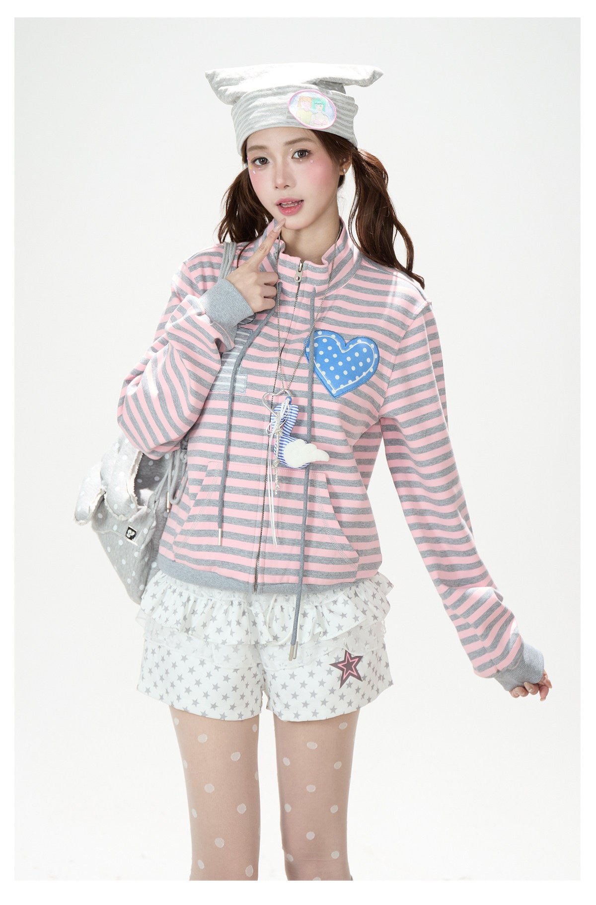 Heart Stripe Zip-Up Sweatshirt Jacket & White Star Shorts