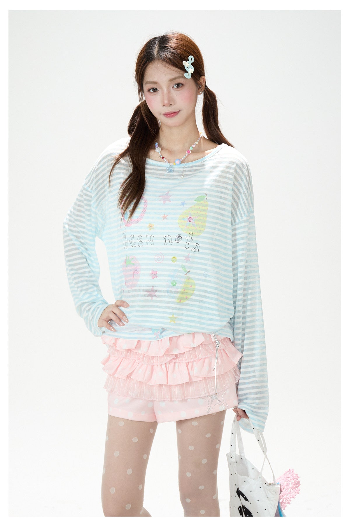 Playful Stripe Graphic Sheer Long Sleeve Top & Pink Wide-Leg Pants