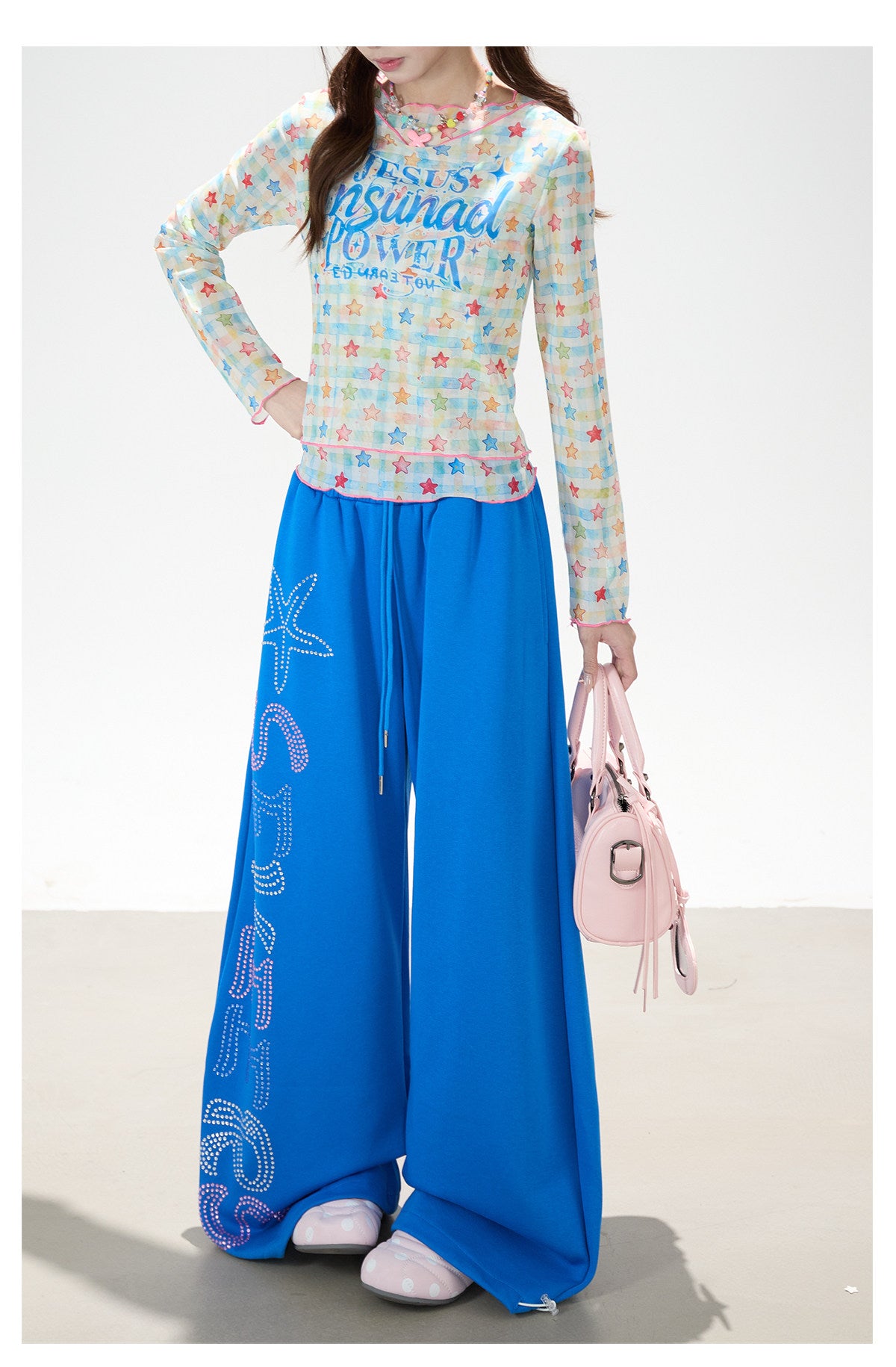 Pantalon de survêtement à jambes larges avec strass motif étoile de mer