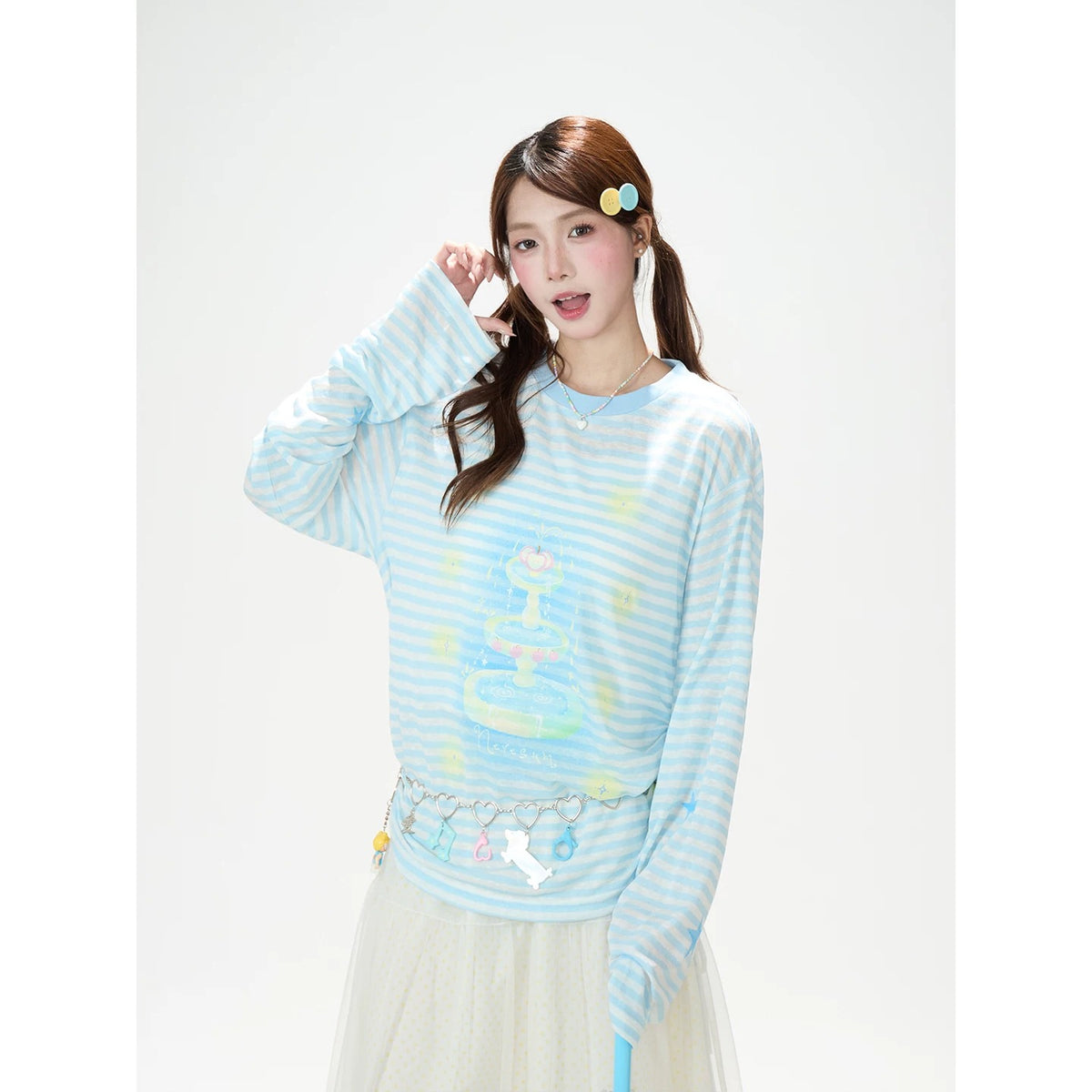 Pastel Stripe Cartoon Drawstring Long Sleeve Top & Khaki Wide-Leg Pants