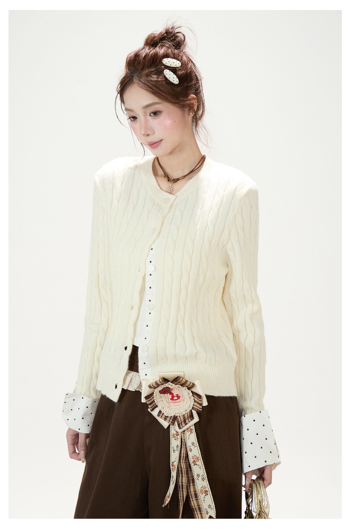 Polka-Dot Bow Knit Cardigan & Black Pinstripe Wide-Leg Pants