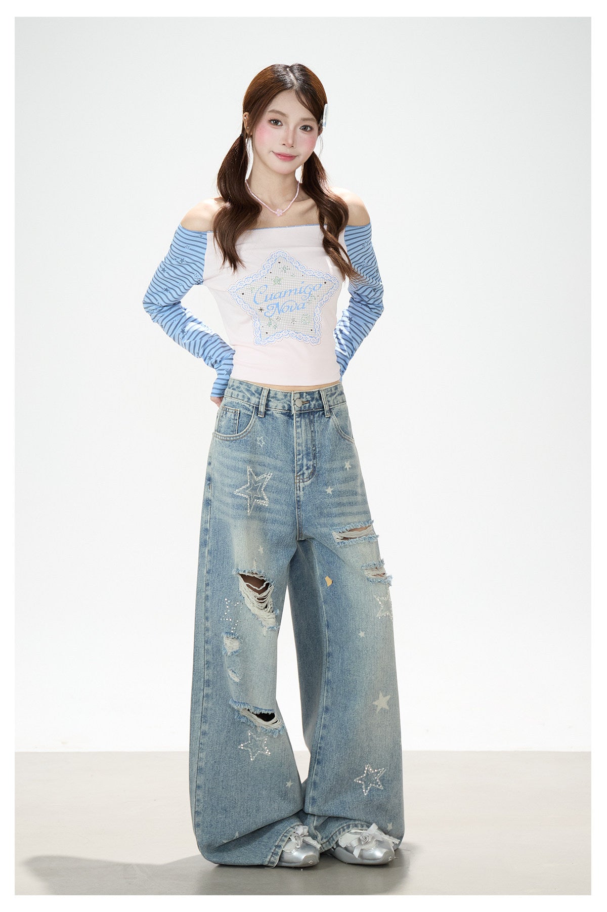 Star Stripe Off-Shoulder Long Sleeve Top & Graphic Star Wide-Leg Pants