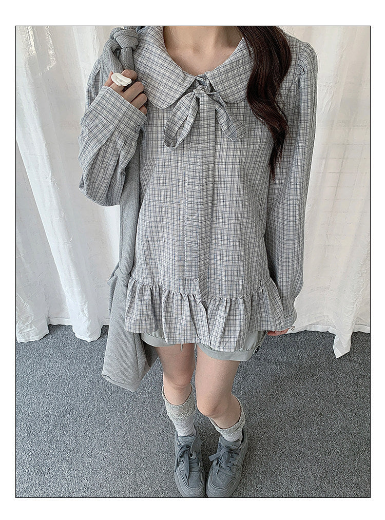 Plaid Bow Collar Ruffle Long Sleeve Blouse