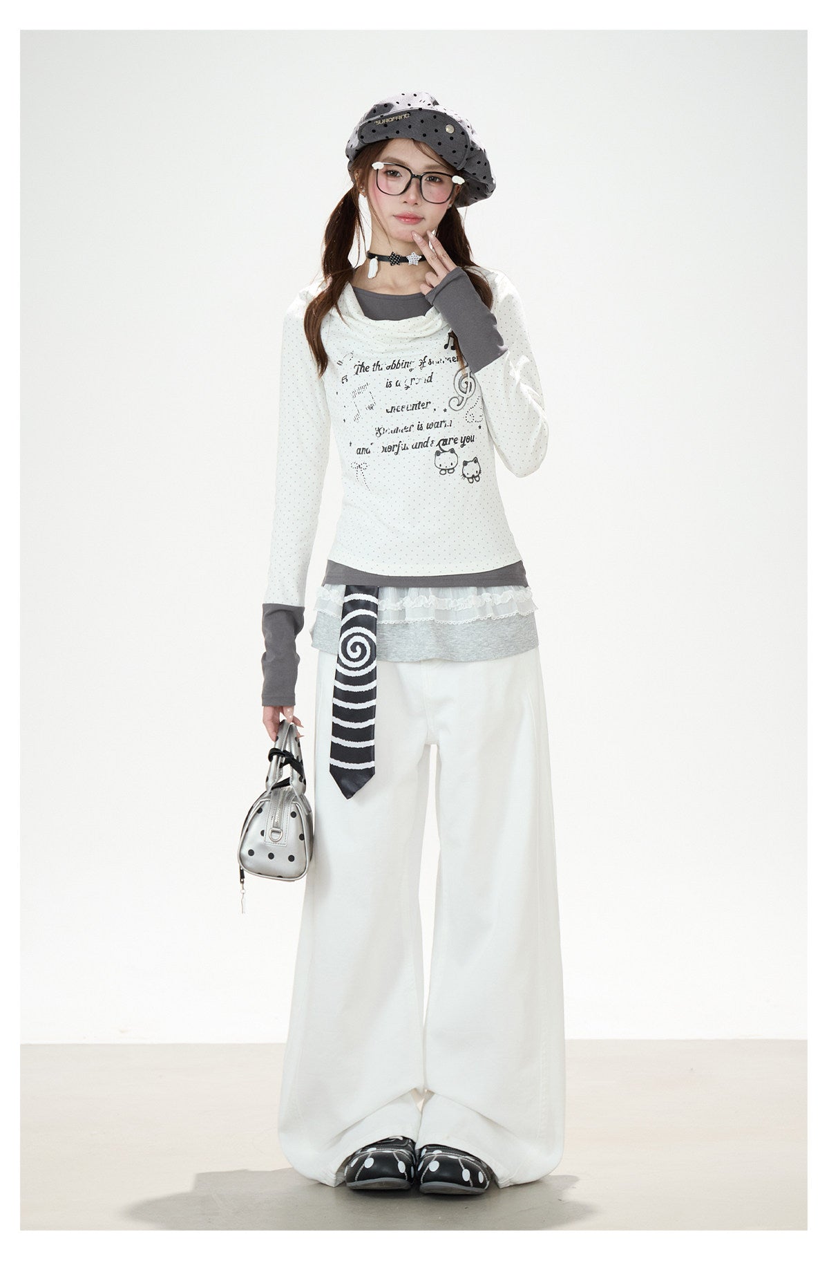 Music Note Cat Polka-Dot Layered Long Sleeve Top & White Wide-Leg Pants