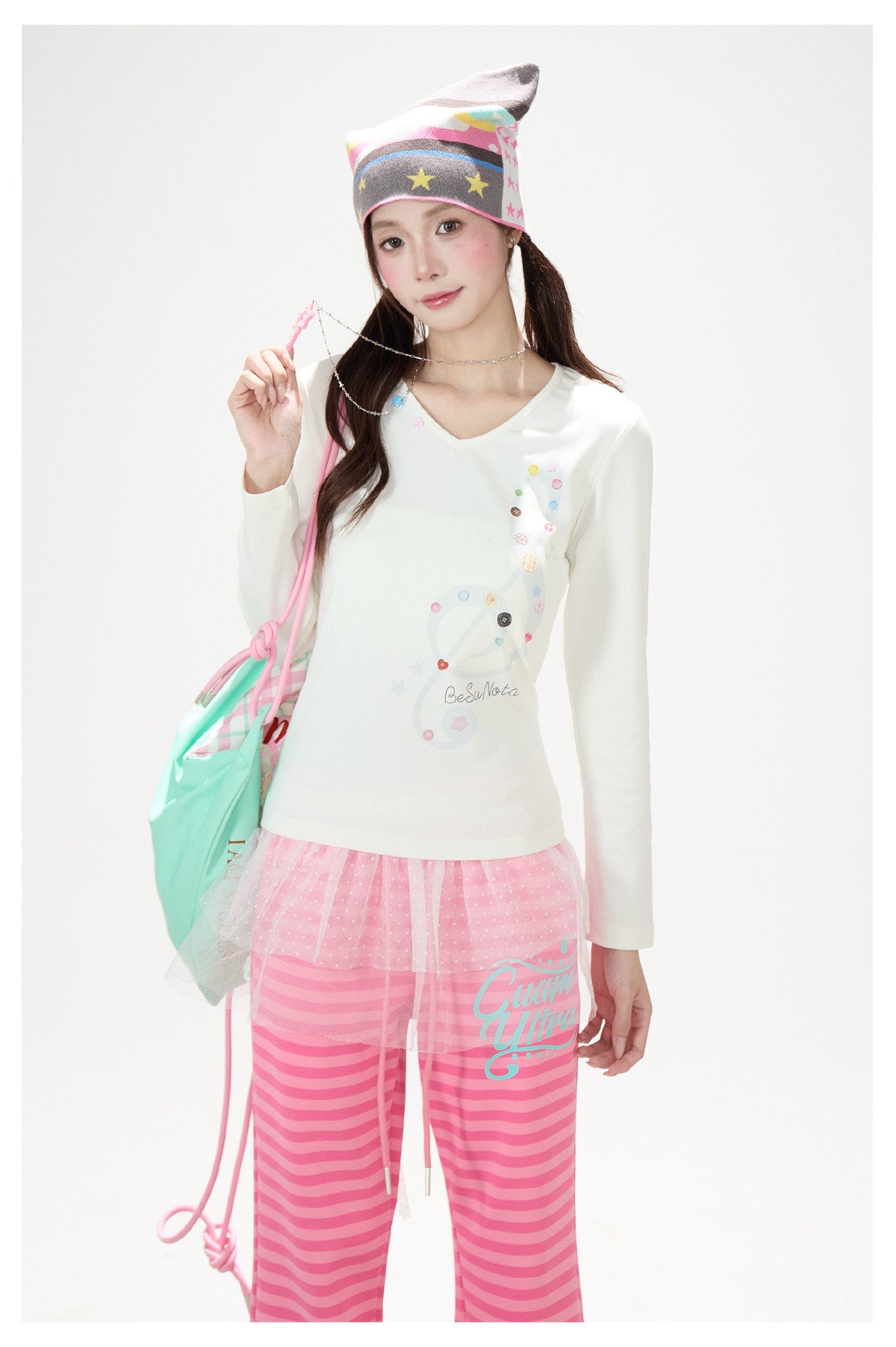 Music Note Star Button V-Neck Long Sleeve Top & Pink Stripe Wide-Leg Pants