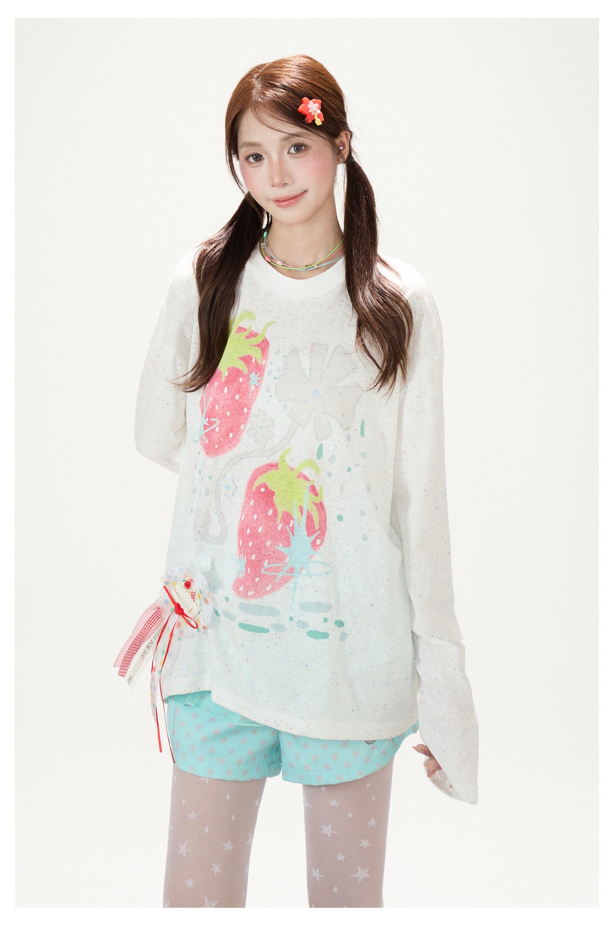 Strawberry Doodle Long Sleeve Tee & Aqua Polka-Dot Shorts