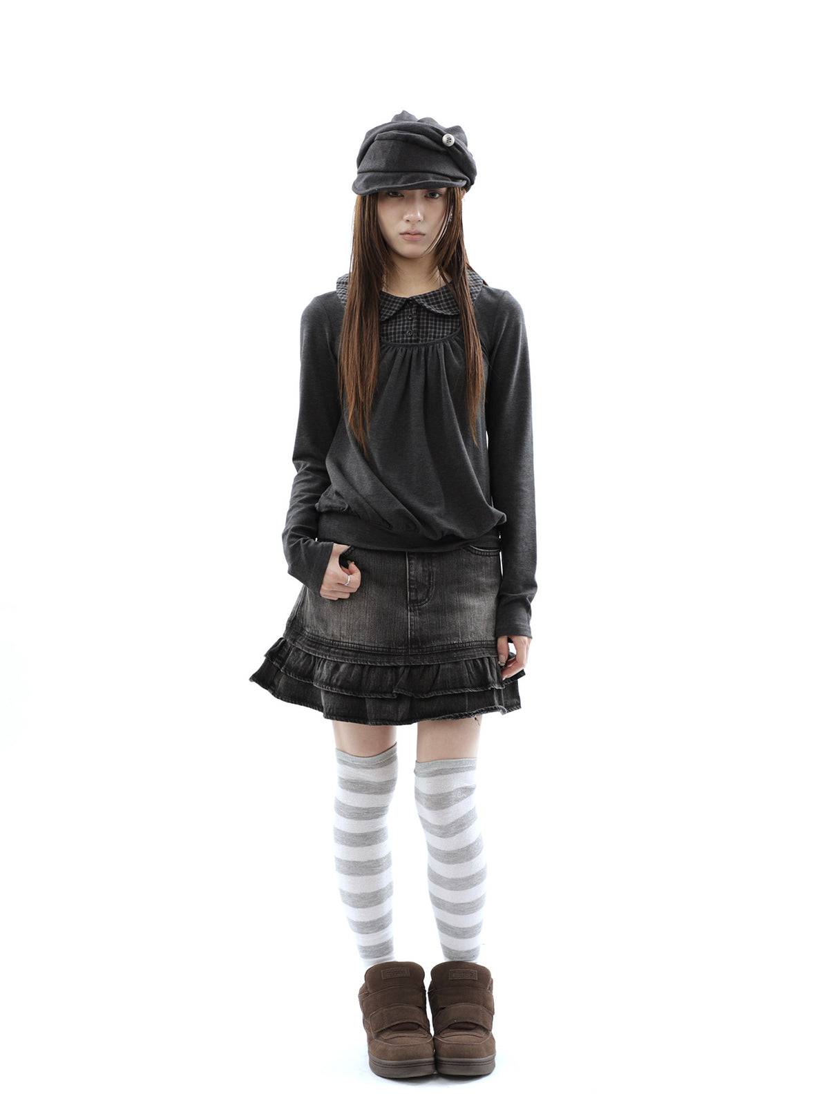Plaid Collar Gathered Layered Long Sleeve Top
