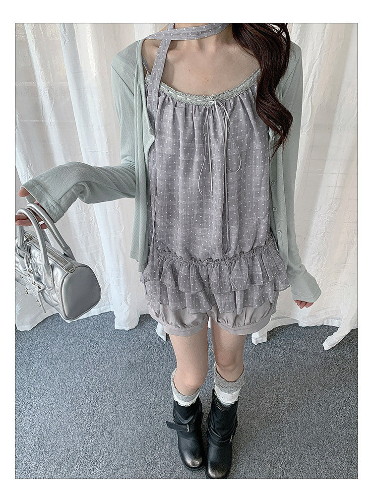 Polka Dot Lace Trim Cami & Cardigan Set