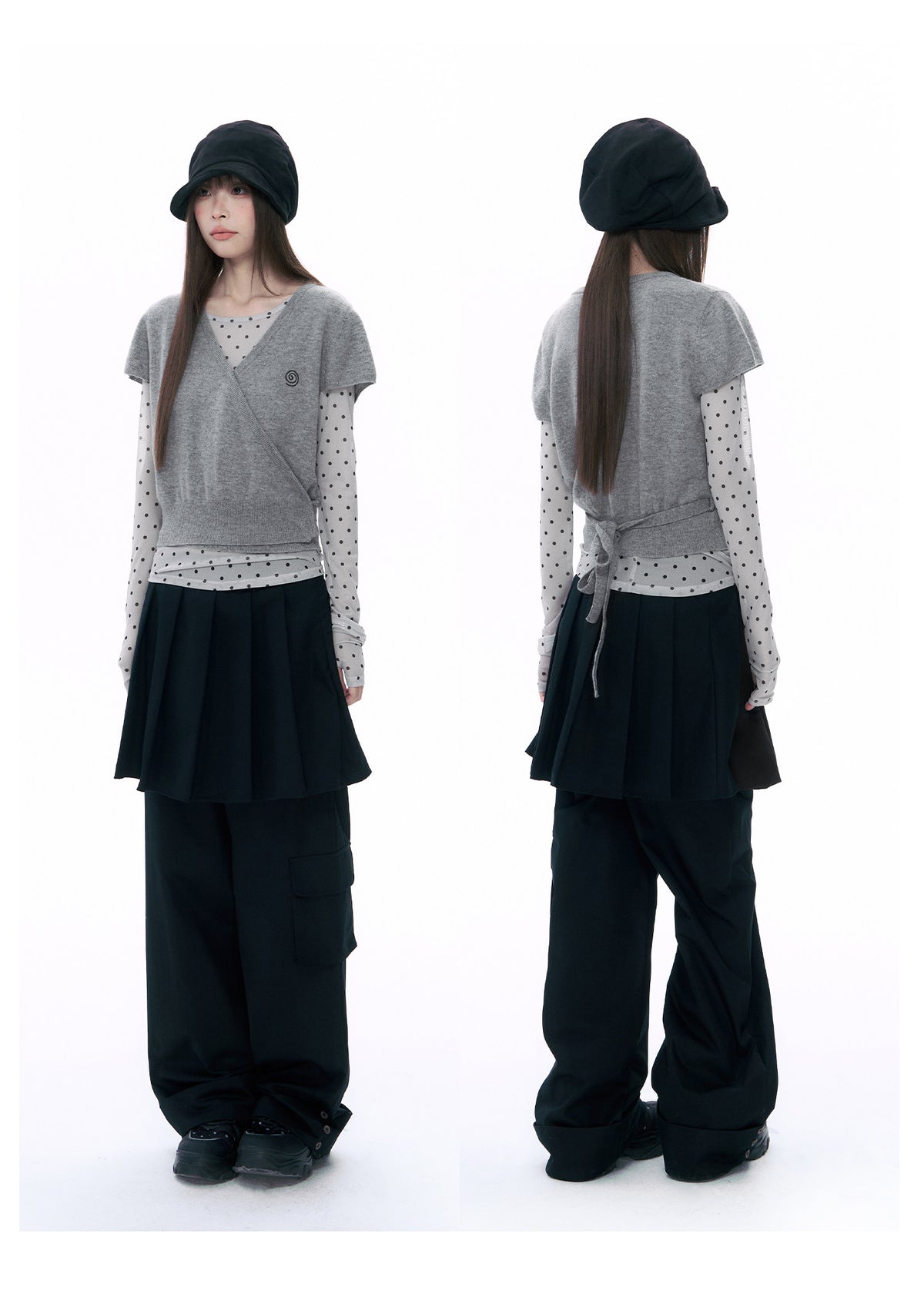 Pleated Skirt-Overlay Cargo Wide-Leg Pants