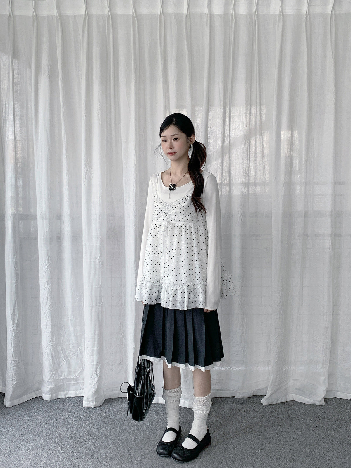 Polka Dot Lace Cami & Long Sleeve Two-Piece Set