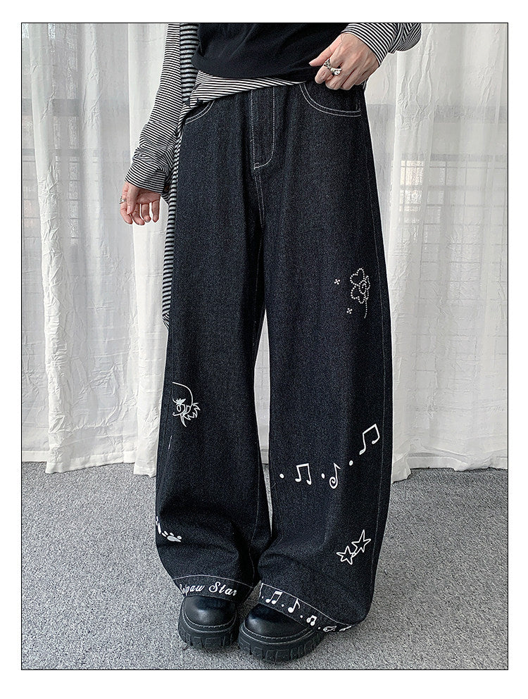 Star Music Note Wide-Leg Denim Jeans